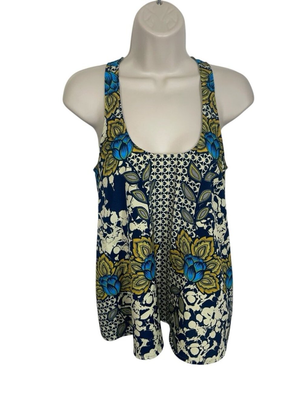 COLLECTIVE CONCEPTS Women's Size Small Blue Yellow Satin Blouse Floral Print